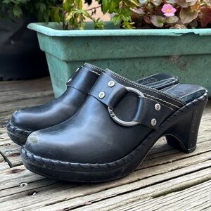 Frye Black Leather Harness Charlotte Clog Mules (Size 7)
